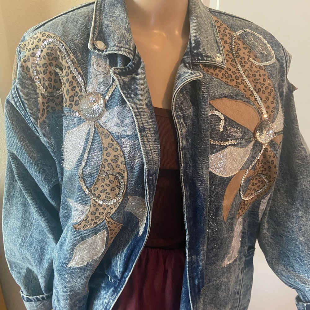 Hand-decorated denim trench coat